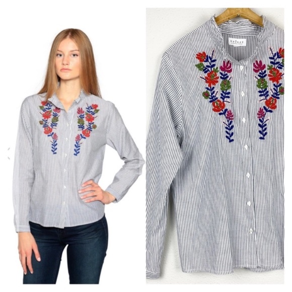 Velvet by Graham & Spencer Tops - Velvet By Graham & Spencer Embroidered Striped Top